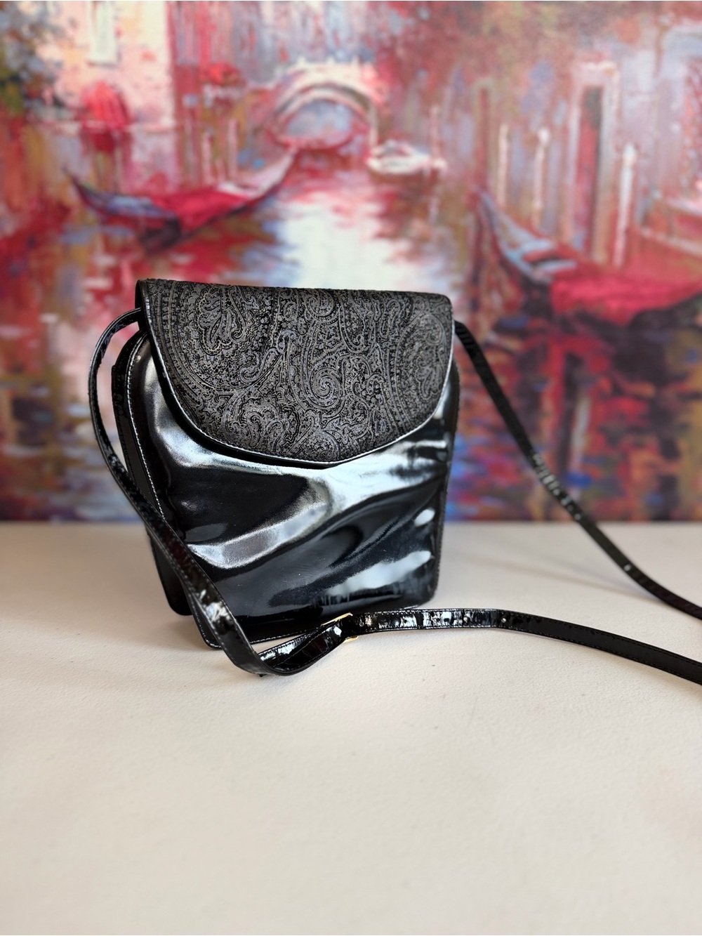 Vintage Bally Black Patent Leather Paisley Crossbody Bag